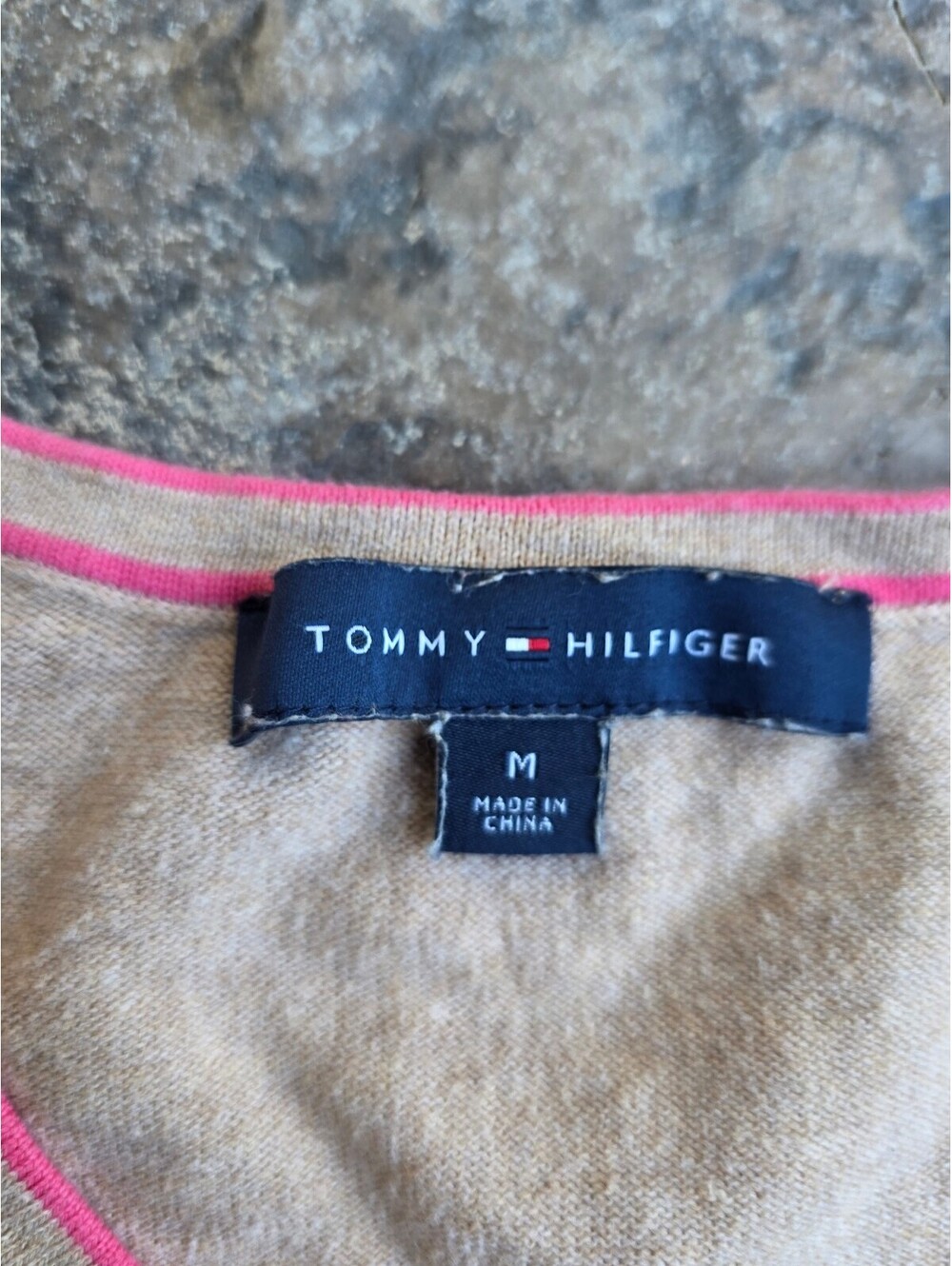 Tommy Hilfiger Women's Beige V-Neck Sweater with Multi-Color Stripe Cuffs, SizeM - Picture 2 of 6